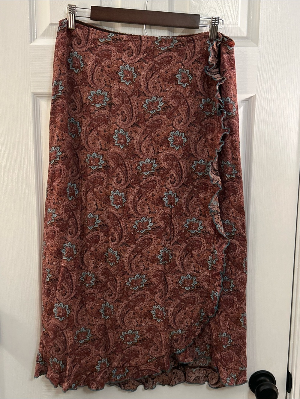 April Cornell Rust Paisley Midi Wrap Skirt with Blue Accents